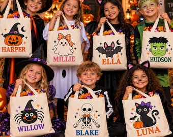 Personalized Trick or Treat Bag, Custom Kids Halloween Tote, Name Candy Bag, Canvas Halloween Bag, Ghost Pumpkin Bat Cat Trick or Treat Tote