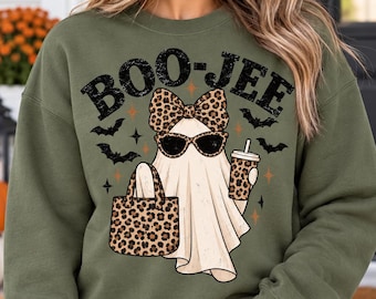 Boo-Jee Ghost Shirt with Cheetah Print, Duck Camo Ghosts TShirt, Checkered Ghost Crewneck, Halloween Sweatshirt for Fall Season Gifts