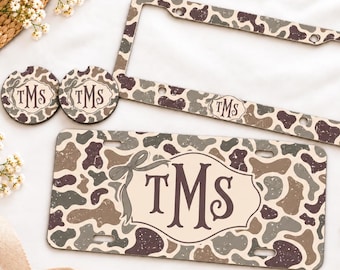 Personalized Duck Camo License Plate Set, Monogram Car Tag, Custom Initials License Plate Frame, Car Coasters, Camo Car Accessories