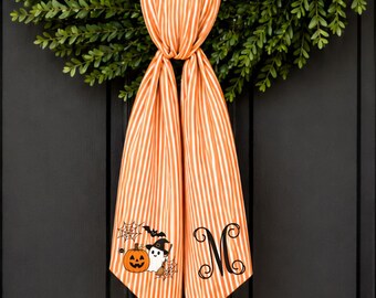 Custom Monogram Stripe Halloween Wreath Sash, Front Door Wreath Sash, Personalized Home Decor, Fall Decoration, Initial Sash Pinstripe