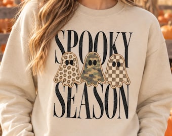 Vintage Spooky Season Shirt, Camo Ghost Sweatshirt, Leopard Ghosts TShirt, Checkered Ghost Crewneck, Halloween Shirt for Fall Season Gifts