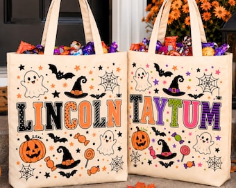 Personalized Trick or Treat Bags, Halloween Candy Bag Tote with Name, Custom Name Canvas Bag for Kids, Halloween Gift for Boys Girls