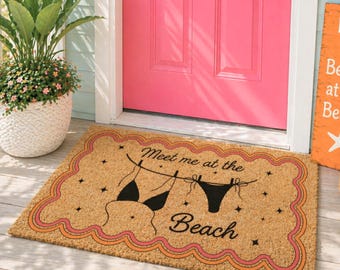 Meet Me At The Beach Doormat, Hanging Bikini, Funny Doormat, Coastal Door Mat, Housewarming Gift, Summer Decor, Home Decor, Beach House