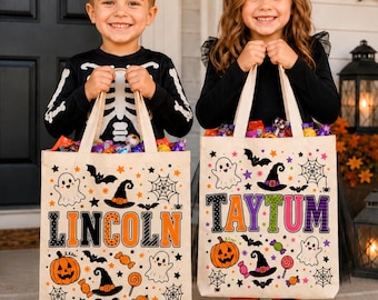 Personalized Trick or Treat Bags, Halloween Candy Bag Tote with Name, Custom Name Canvas Bag for Kids, Halloween Gift for Boys Girls