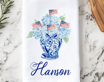 Personalized 4th of July Tea Towel, Blue Hydrangea Kitchen Towel, Kitchen Decor, Patriotic Home Decor, Housewarming Gift, Last Name Towels