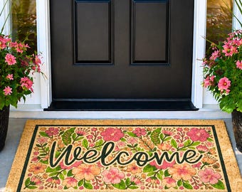 Floral Welcome Custom Doormat, Personalized Housewarming Gift, New Home Decor Gift, Welcome Door Mat, Family Name Mat, Doormat with Flowers