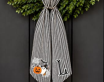 Custom Halloween Ghost Wreath Sash, Front Door Wreath Sash, Personalized Home Decor, Fall Decoration, Initial Sash Pinstripe