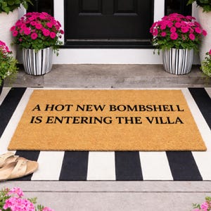 May include: A rectangular doormat with the text "A HOT NEW BOMBSHELL IS ENTERING THE VILLA" in black letters. The mat is on a black and white striped rug, with potted pink flowers on either side.