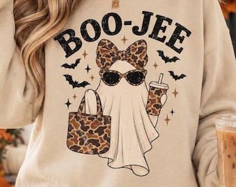 Boo-Jee Ghost Shirt with Camo Cheetah Print, Duck Camo Ghosts TShirt, Checkered Ghost Crewneck, Halloween Sweatshirt for Fall Season Gifts