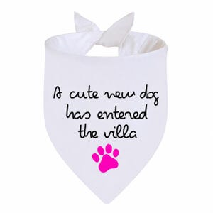 May include: A white triangular pet bandana featuring the black text "A cute new dog has entered the villa" and a bright pink paw print graphic. The fabric is tied at the top with two ends, creating a pointed shape at the bottom for a pet to wear.