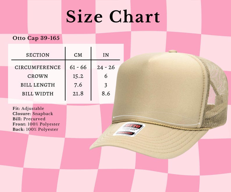 May include: A beige Otto Cap 39-165 trucker hat with a mesh back, snapback closure, and precurved bill. The image includes a size chart with measurements in inches: circumference 24-26, crown 6, bill length 3, and bill width 8.6. Made of 100% polyester.