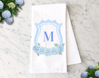 Monogram Crest Hydrangea Tea Towel, Housewarming Gift, Custom Home Decor, Gift for Couples, Kitchen Hand Towel, Personalized Gifts