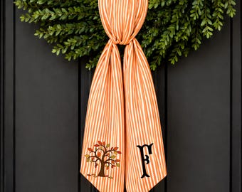 Monogram Fall Wreath Sash, Orange Stripe Decor, Personalized Fall Door Hanger, Initial Monogram Wreath Sash, Fall Home Decor, Autumn Leaves