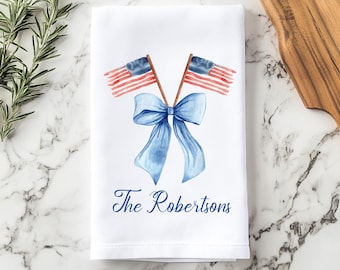 Personalized 4th of July Tea Towel, Blue Coquette Bow Kitchen Towel, Kitchen Decor, Patriotic Home Decor, Housewarming Gift, Last Name Towel