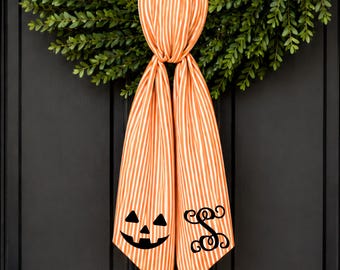 Monogram Pumpkin Face Wreath Sash, Orange Stripe Spider Decor, Personalized Halloween Decor, Initial Monogram Wreath Sash, Spooky Home Decor