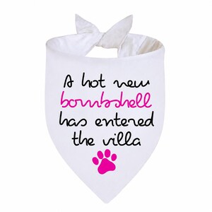May include: A white triangular pet bandana featuring the black text A hot new, the pink text bombshell, and the black text has entered the villa. Below the text is a single pink paw print. The bandana has two fabric ties at the top.
