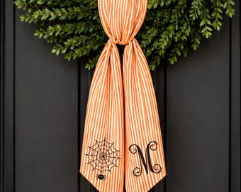 Monogram Halloween Wreath Sash, Orange Stripe Spider Decor, Personalized Fall Door Hanger, Initial Monogram Wreath Sash, Spooky Home Decor