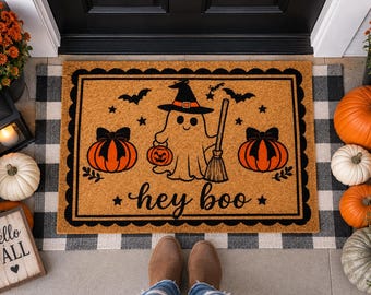 Hey Boo Ghost Doormat, Halloween Decor, Pumpkin Coquette Bows, Fall Home Decor, Halloween Porch Door Mat, Halloween Gifts, Ghost Witch Bats