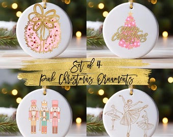 Pink Christmas Set Of 4 Ceramic Christmas Ornaments | Christmas Tree Decor | Pink Christmas | Nutcracker And Ballerinas | Gift For Her |