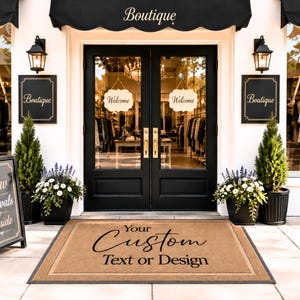 May include: A rectangular tan doormat with a dark border featuring the black text Your Custom Text or Design, placed in front of a boutique entrance with black double doors, two black wall lanterns, and two potted evergreen trees with flowers.