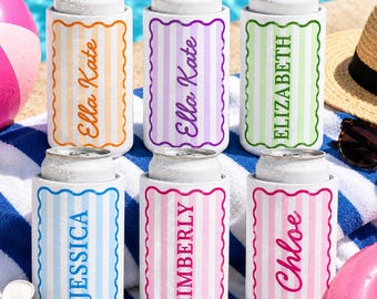 Stripe Custom Drink Can Coolers, Bridesmaid Gifts, Wedding Party Favors, Personalized Cozies, Gifts for Her, Slim or Regular Cozie with Name
