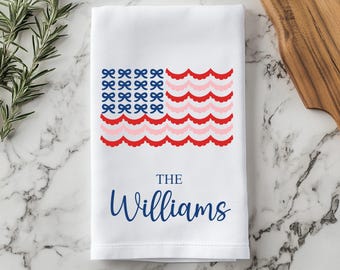 Bow Scalloped American Flag Tea Towel, Personalized Kitchen Towel, 4th of July, Patriotic Home Decor, Housewarming Gift, Last Name Towel