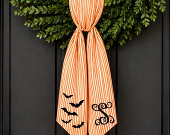 Monogram Halloween Wreath Sash, Orange Stripe Bat Decor, Personalized Fall Door Hanger, Initial Monogram Wreath Sash, Spooky Home Decor