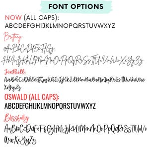 May include: Image showing different font options for a name. The fonts are "NOW" (all caps), "Brittany", "Jenthill", "OSWALD" (all caps), and "Blissfully". Each font is shown with the alphabet in lowercase and uppercase.