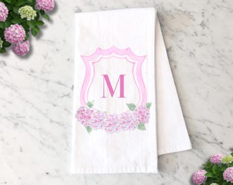 Monogram Crest Hydrangea Tea Towel, Housewarming Gift, Custom Home Decor, Gift for Couples, Kitchen Hand Towel, Personalized Gifts