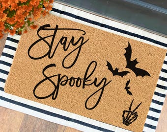 Stay Spooky Doormat | Halloween Decor | Fall Home Decor | Welcome Door Mat | Cute Fall Doormat | Fall Housewarming Gift | Skull Peace Sign