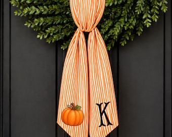 Monogram Pumpkin Fall Wreath Sash, Orange Stripe Decor, Personalized Fall Door Hanger, Initial Monogram Wreath Sash, Fall Home Decor