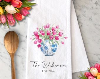Custom Floral Tea Towels, Housewarming Gift, Spring Home Decor, Gift for Couples, New Home Gift, Kitchen Hand Towel, Personalized Gifts