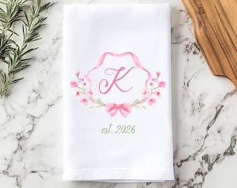 Custom Family Crest Tea Towel, Pink Coquette Bow Kitchen Towel, Kitchen Decor, Home Decor, Housewarming Gift, Last Name Towels