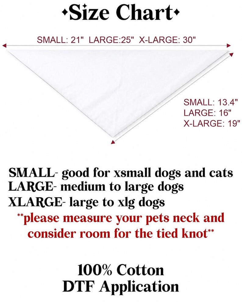 May include: A white triangular pet bandana size chart with black text. It lists sizes Small, Large, and X-Large with dimensions in inches. It includes guidance for pet sizes and notes to measure the pet's neck for a tied knot, plus 100% Cotton DTF Application.