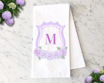 Monogram Crest Hydrangea Tea Towel, Housewarming Gift, Custom Home Decor, Gift for Couples, Kitchen Hand Towel, Personalized Gifts