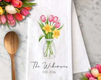 Custom Floral Tea Towels, Housewarming Gift, Spring Home Decor, Gift for Couples, New Home Gift, Kitchen Hand Towel, Personalized Gifts