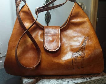 Beautiful Handmade Genuine Leather Hobo Bag with Handcarved Giraffe