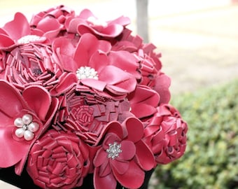 18 Stem Real Leather  Bridal Bouquet with Leaves