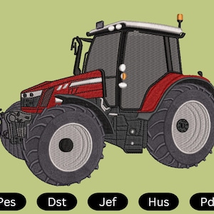Puede incluir: Un tractor rojo con una cabina negra y grandes neumáticos negros. El tractor tiene un techo blanco y un tubo de escape negro.