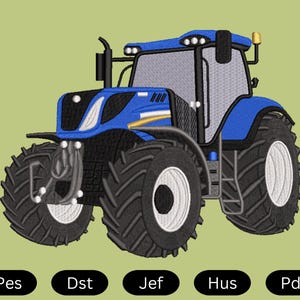 Puede incluir: Un tractor azul con un marco negro y grandes neumáticos negros. El tractor tiene una franja amarilla en el lateral y una cabina negra.