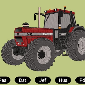 Könnte beinhalten: Gesticktes Design eines roten Case 1455 Traktors mit schwarzen Akzenten und großen grauen Reifen. Der Traktor hat eine Kabine mit Fenstern und das Wort "CASE" ist sichtbar. Das Bild befindet sich auf einem hellgrünen Hintergrund.