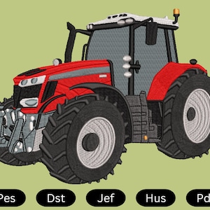 Puede incluir: Un tractor rojo con una parrilla delantera negra y gris y grandes neumáticos negros. El tractor tiene un techo blanco y una cabina negra.
