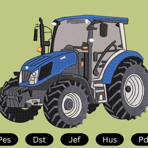 Peut inclure: Un tracteur bleu et gris avec de gros pneus. Le tracteur a une cabine avec un pare-brise et un arceau de sécurité.