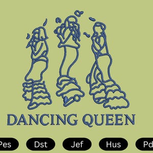 Puede incluir: Un dibujo de línea azul de tres personas bailando con el texto "Dancing Queen" debajo. Las personas llevan faldas largas y tienen los brazos levantados en el aire.