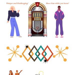 May include: A colourful illustration of a vintage jukebox with a woman in blue jeans and a man in a purple tracksuit. The image also includes a cassette tape, a walkman with headphones, and a guitar. The text "Word Snake" is at the top of the image, and the text "Series Rock Book 4 The 1980s Set 1" is below it. The text "Unique and Challenging!" is on the left side of the image, and the text "Have Fun while you learn!" is on the right side of the image.