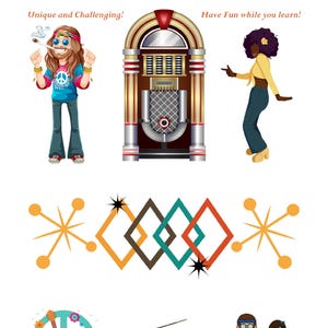 Könnte beinhalten: Eine bunte Illustration eines 1960er-Jahre-Wortspiels. Das Spiel heißt "Word Snake" und ist Teil einer Serie namens "Rock Book". Die Illustration zeigt einen Jukebox, ein Peace-Zeichen, eine Gitarre, ein Radio und zwei Personen mit langen Haaren.