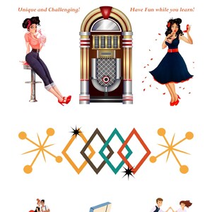 Puede incluir: Una ilustración de estilo vintage de una máquina de discos, una mujer con un vestido rojo, una mujer con un vestido azul, una pareja bailando, un tocadiscos y un diseño retro de estrella. El texto "Word Snake" está en la parte superior de la imagen. El texto "Series Rock Book 1 The 1950s Set 1" está debajo del título. El texto "Unique and Challenging!" está en la esquina superior izquierda. El texto "Have Fun while you learn!" está en la esquina superior derecha.