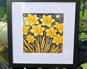 Daffodil Art Print – 12x12 Framed Floral Wall Decor – Spring Yellow Flower Illustration – Cheerful Cottagecore Botanical Art