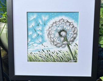 Dandelion Art Print – 12x12 Framed Wildflower Wall Decor – Wishful Botanical Illustration – Whimsical Nature-Inspired Art