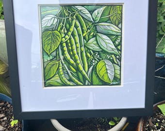 Peas Art Print – 12x12 Framed Garden Wall Decor – Whimsical Green Vegetable Illustration – Kitchen Botanical Artwork